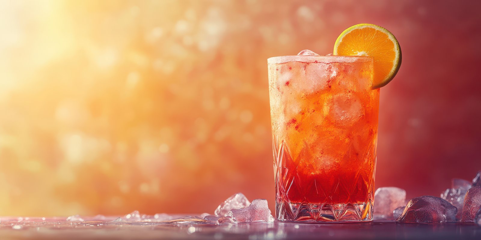 Refreshing cocktail with ice and citrus slice on a sunlit bar countertop during summer afternoon